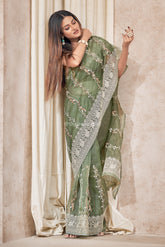 Pear Green Pure Organza Embroidery Work Saree